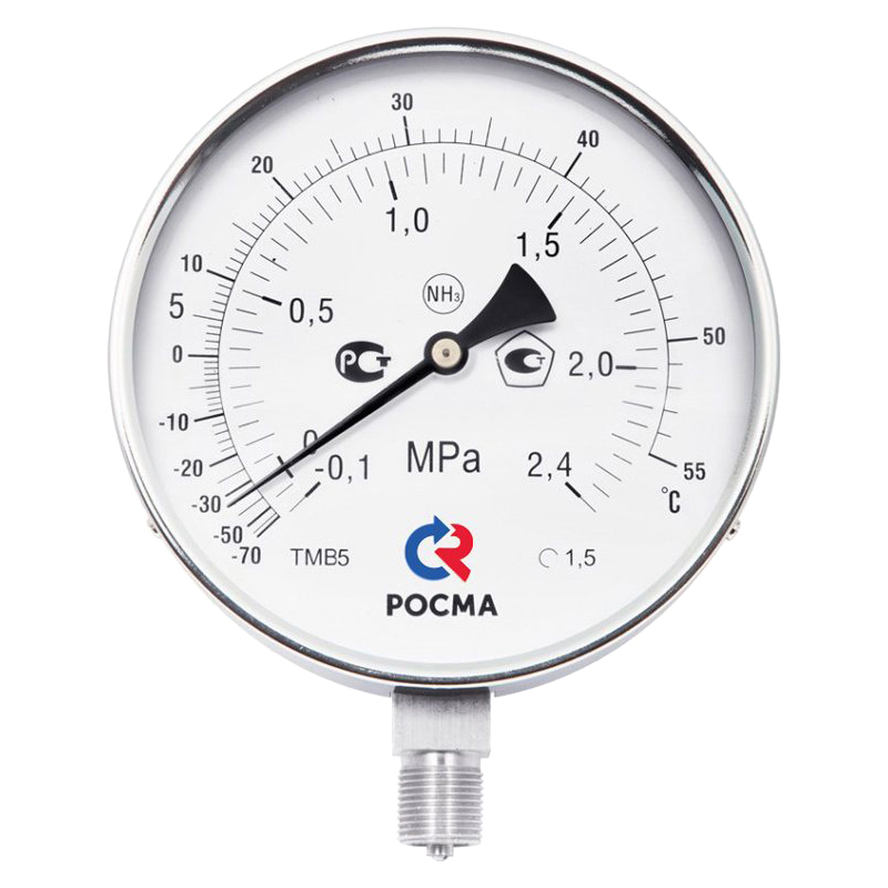 Мановакуумметр радиальный Росма ТМВ-511Р.00 NH3 (-0.1-2.4МПа)/(-70-+55C) М20х1.5 1.5 аммиачный 100мм, тип - ТМВ-511, радиальное присоединение, двойная шкала (-0.1-2.4МПа)/(-70-+55C), резьба М20х1.5, класс точности 1.5, цвет хром
