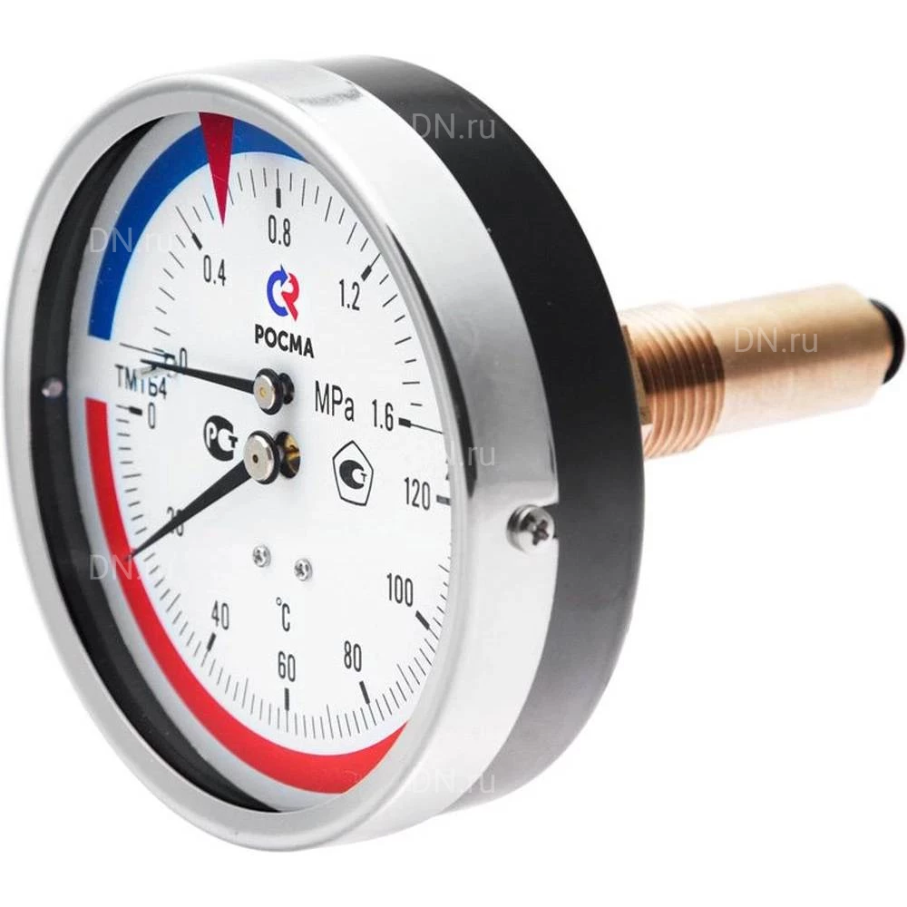 Термоманометр Росма ТМТБ-41Т.1 (0-120°C) (0-0.25MПa) G1/2 2.5, корпус 100мм, тип - ТМТБ-41T.1, длина клапана 46мм, до 120°С, осевое присоединение, 0-0.25MПa, резьба G1/2, класс точности 2.5