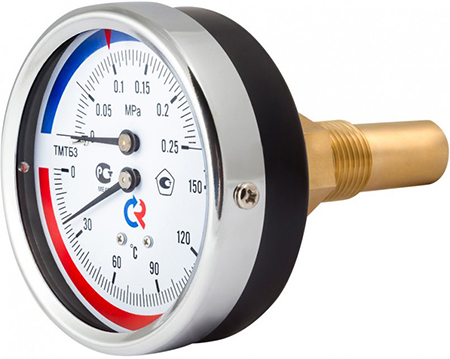Термоманометры Росма ТМТБ-31Т.3, корпус 80мм, тип - ТМТБ-31Р.3, длина клапана 100мм, 0-150°С, осевое присоединение, класс точности 2.5