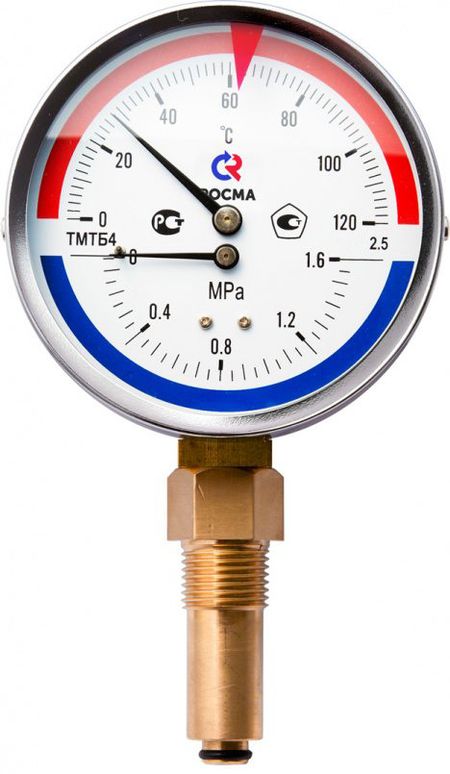 Термоманометры Росма ТМТБ-41Р.2, корпус 100мм, тип - ТМТБ-41Р, длина клапана 64мм, 0-150°С, радиальное присоединение, класс точности 2.5