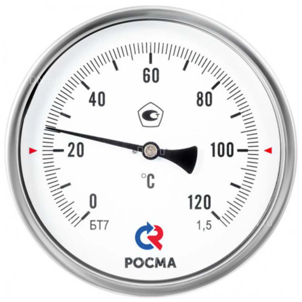 Термометр осевой Росма БТ-41.211 до 350°C L=150 G1/2 1.5 биметаллический общетехнический 80мм, тип БТ-41.211, радиальное присоединение, шкала 0-350°C, длина штока L=150мм, резьба G1/2, класс точности 1.5, с защитной латунной погружной гильзой