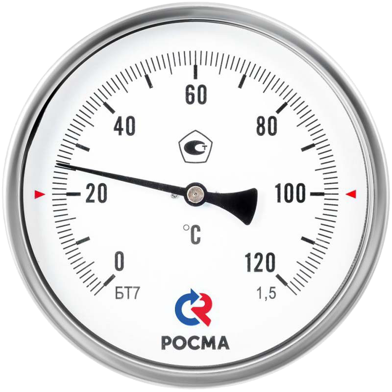 Термометр осевой Росма БТ-71.211 до 350°С L=150мм G1/2 1.5 биметаллический общетехнический 150 мм, тип БТ-71.211, осевое присоединение, шкала 0-350°С, длина штока L=150 мм, резьба G1/2, класс точности 1.5, с защитной латунной погружной гильзой