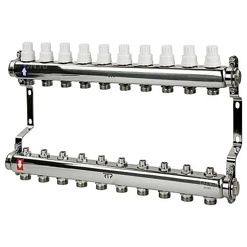 Коллекторные группы РосТурПласт 1″x10x3/4″ Ду25 Ру10 с регулирующими клапанами и кронштейном, под евроконус, корпус - нержавеющая сталь