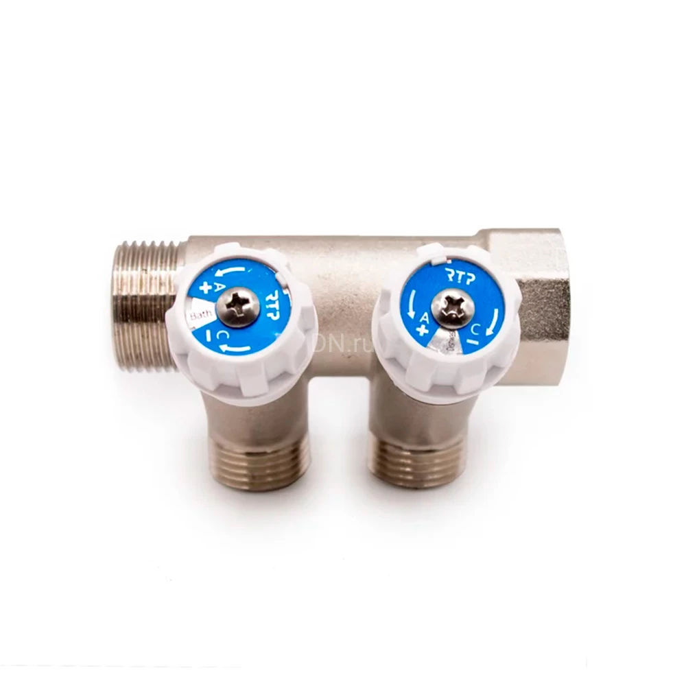 Коллектор РосТурПласт 3/4″x1/2″x2 Ду20 Ру10 с вентилями, наружная резьба, корпус - латунь, покрытие - никель