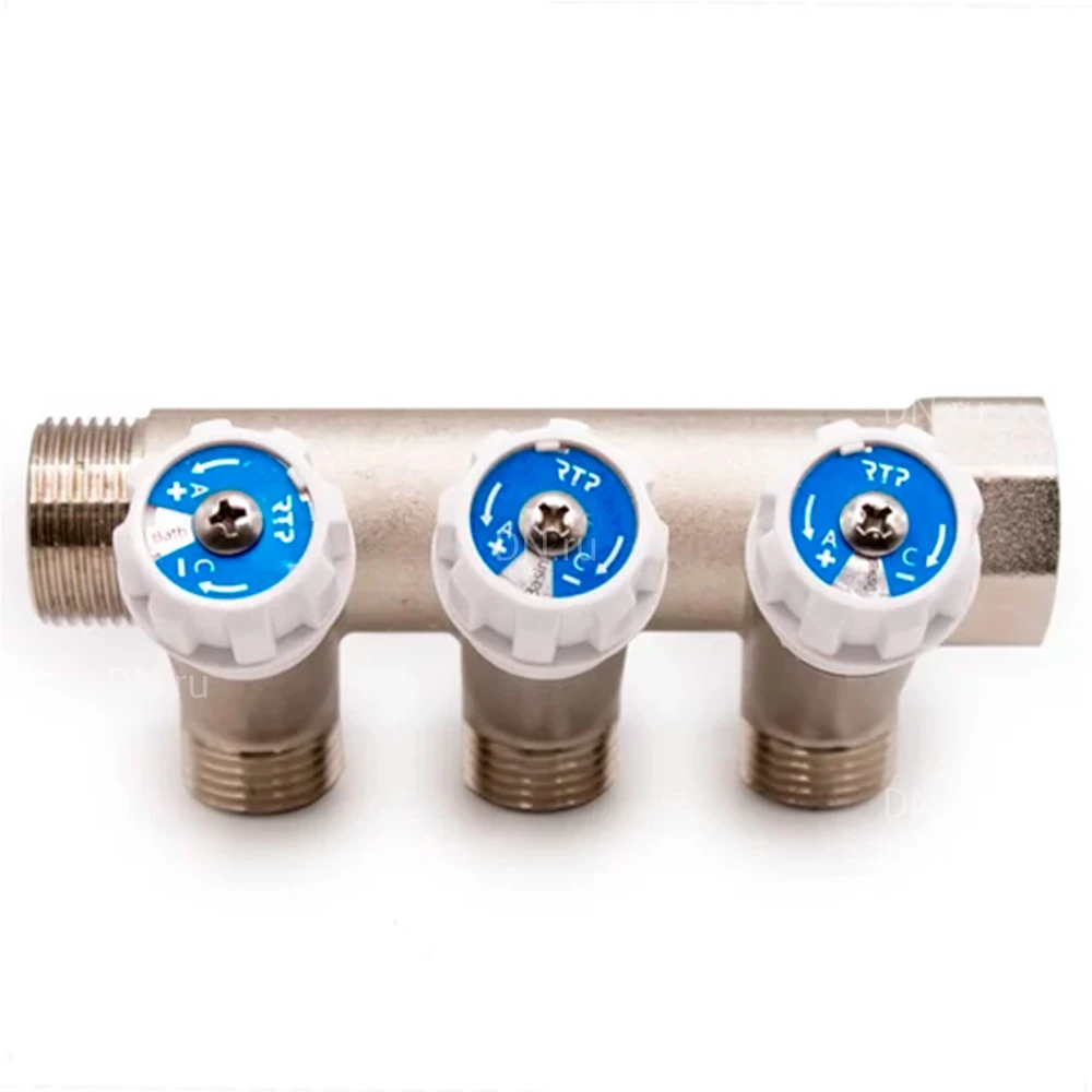 Коллектор РосТурПласт 1″x3/4″x3 Ду25 Ру10 с вентилями, наружная резьба, корпус - латунь, покрытие - никель