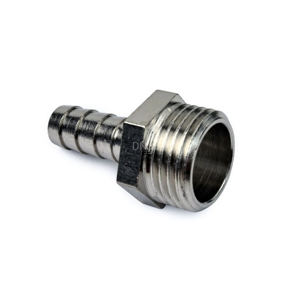 Штуцер РосТурПласт Ду10x1/2″ Ру40 для шланга, корпус - латунь, покрытие - никель, присоединение - аксиальное/наружная резьба