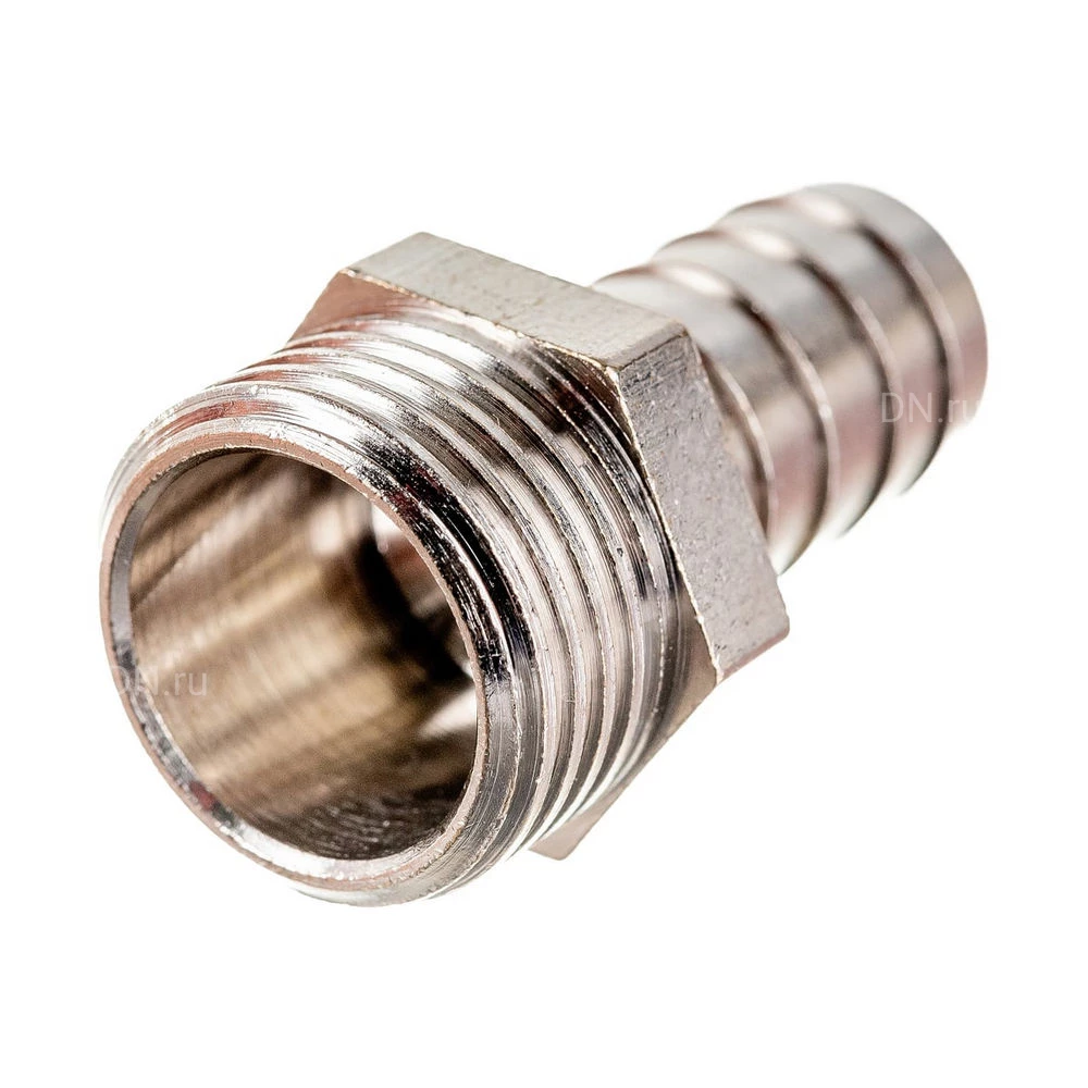 Штуцер РосТурПласт Ду14x1/2″ Ру40 для шланга, корпус - латунь, покрытие - никель, присоединение - аксиальное/наружная резьба