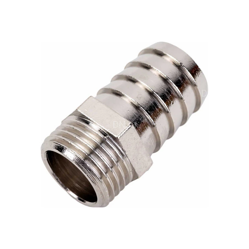 Штуцер РосТурПласт Ду20x1/2″ Ру40 для шланга, корпус - латунь, покрытие - никель, присоединение - аксиальное/наружная резьба