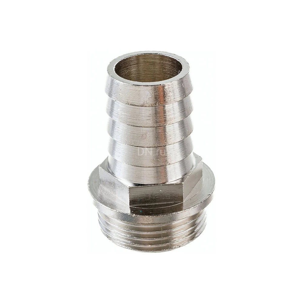 Штуцер РосТурПласт Ду20x3/4″ Ру40 для шланга, корпус - латунь, покрытие - никель, присоединение - аксиальное/наружная резьба
