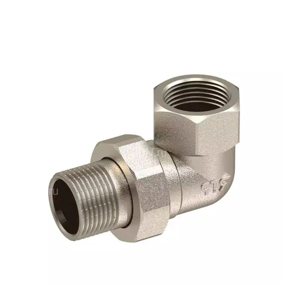 Соединитель латунный РосТурПласт 2″ Ду50 Ру25 разъемный, угловой, корпус - латунь, покрытие - никель, присоединение - американка - внутренняя/наружная резьба