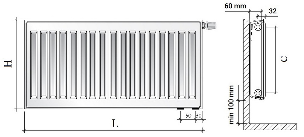Радиаторы панельные Royal Thermo VENTIL HYGIENE VH10 0.328-2.460 кВт настенные, высота - 500 мм, ширина 400-3000 мм, количество панелей - 1, присоединение резьбовое - 1/2″, подключение - нижнее левое, стальные, цвет - RAL 9016