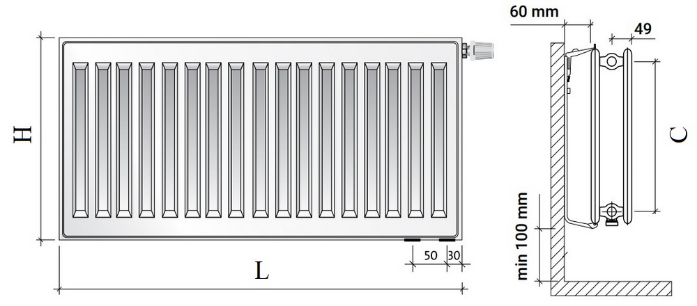 Радиаторы панельные Royal Thermo VENTIL HYGIENE VH20 0.257-1.926 кВт настенные, высота - 200 мм, ширина 400-3000 мм, количество панелей - 2, присоединение резьбовое - 1/2″, подключение - нижнее (левое-правое), стальные, цвет - RAL 9016
