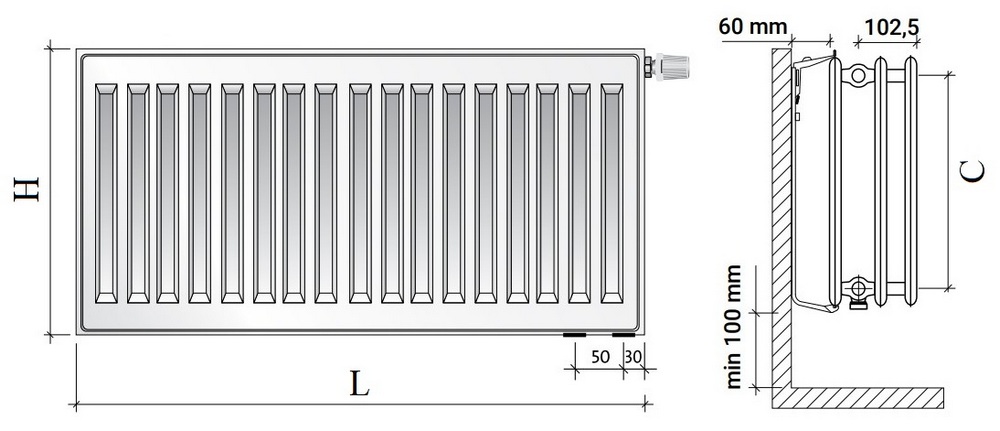 Радиатор панельный Royal Thermo VENTIL HYGIENE VH30 1.879кВт настенный, высота - 300 мм, длина 1400 мм, количество панелей - 3, присоединение резьбовое - 1/2″, подключение - нижнее (левое-правое), гигиеническое исполнение, стальной, цвет - белый RAL-9016