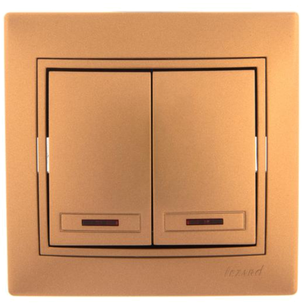 Выключатель двухклавишный LEZARD СП Mira 10А, с подсветкой, IP20, цвет - золотой металлик со вставкой