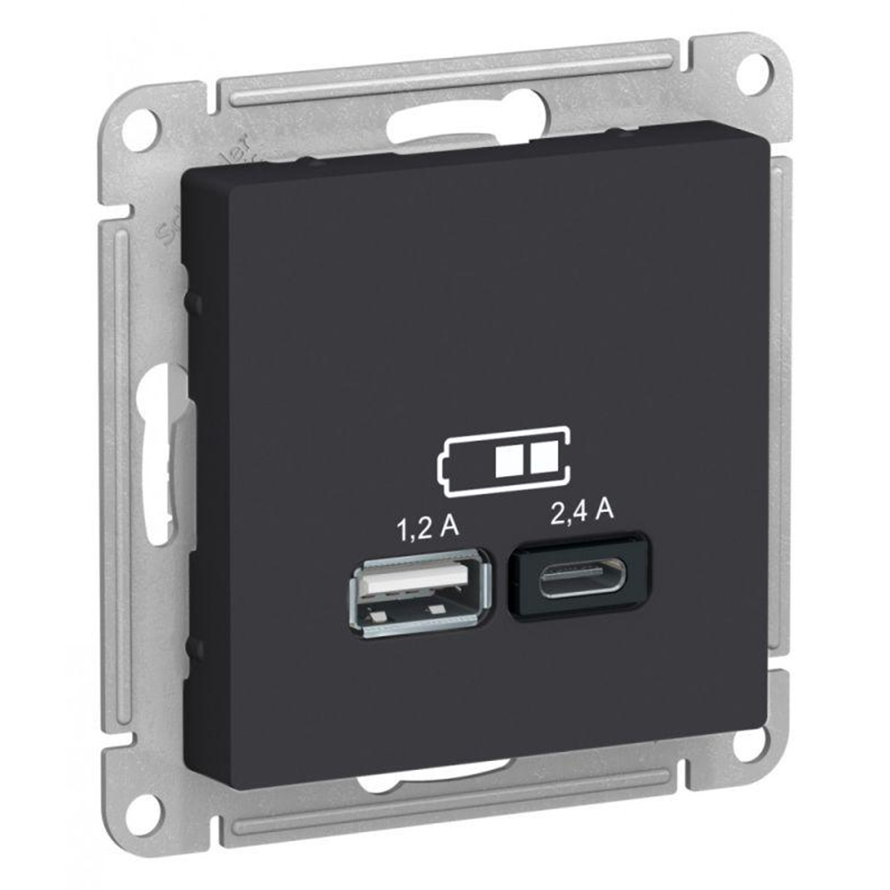 Розетка Systeme Electric AtlasDesign USB тип A+C 5В/2.4А 2х5В/1.2А, механизм, цвет - карбон