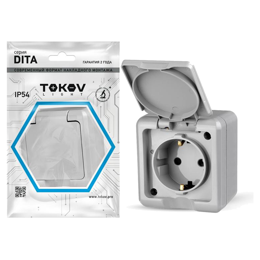 Розетка TOKOV ELECTRIC Dita 1-местная для открытой установки 16А, IP54 250В с заземлением, с крышкой, цвет - серый