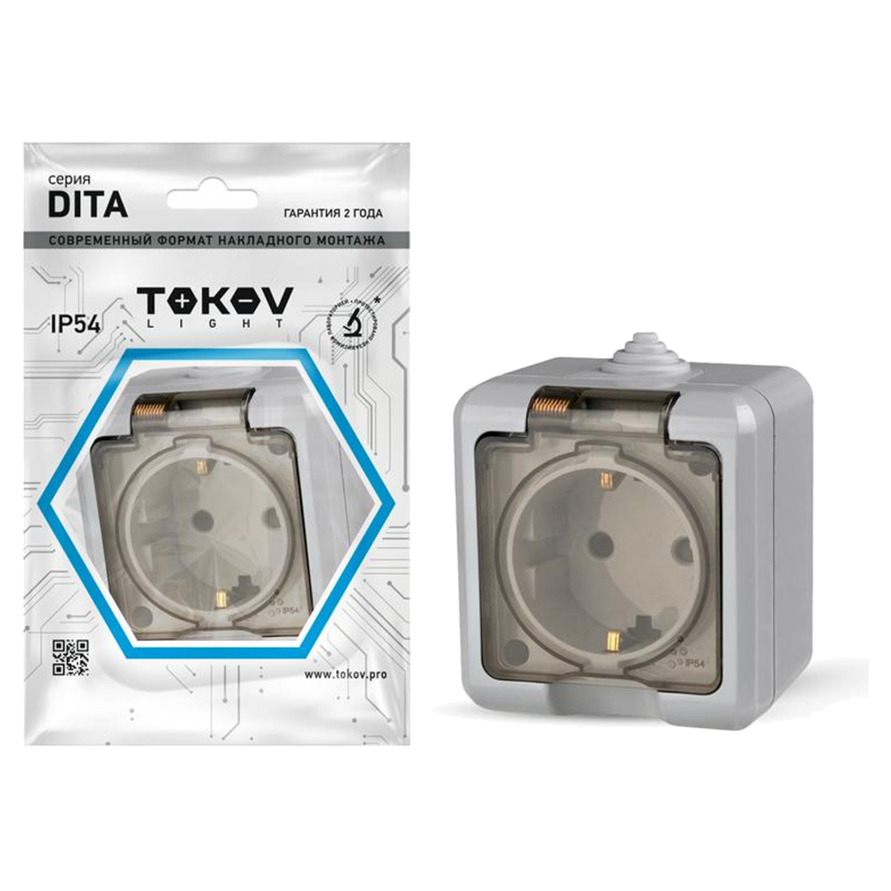 Розетка TOKOV ELECTRIC Dita 1-местная для открытой установки 16А, IP54 250В с заземлением, с прозрачной крышкой, цвет - серый