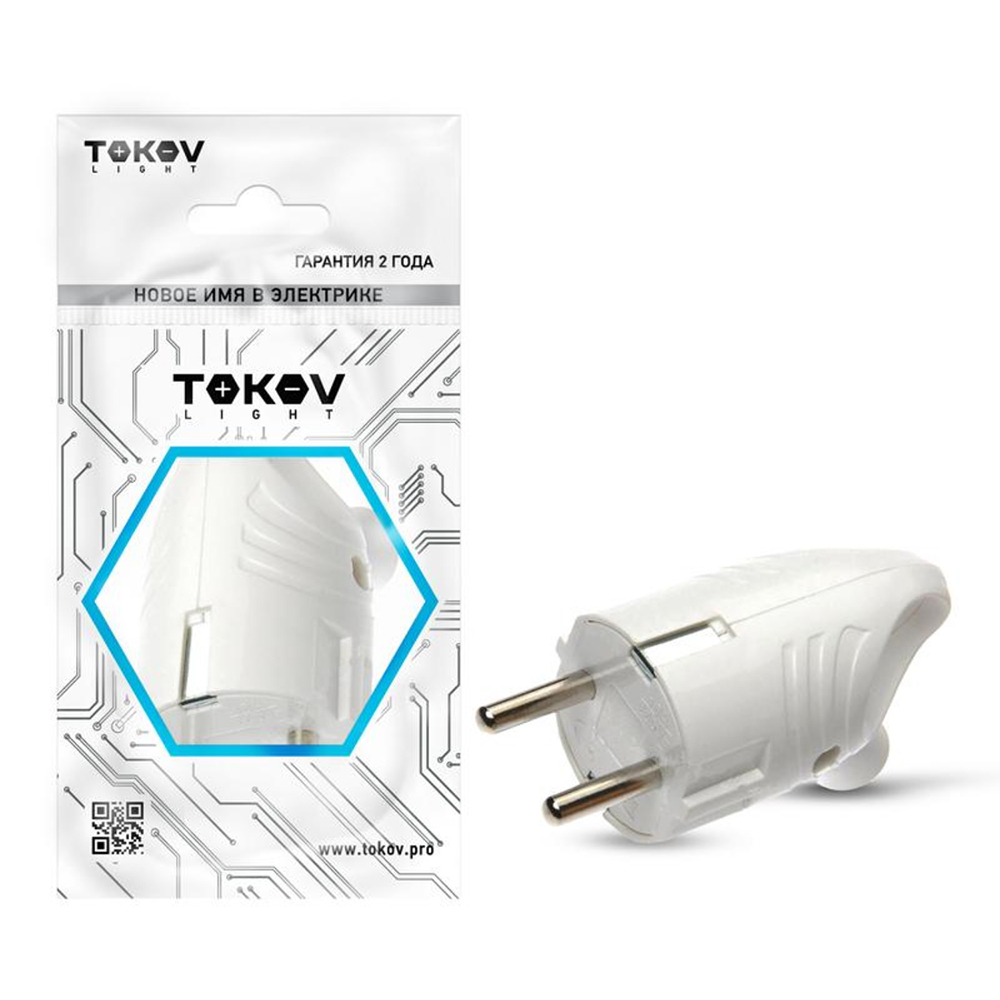 Вилка угловая TOKOV ELECTRIC 16А 250В с заземлением с кольцом, IP20, цвет - белый