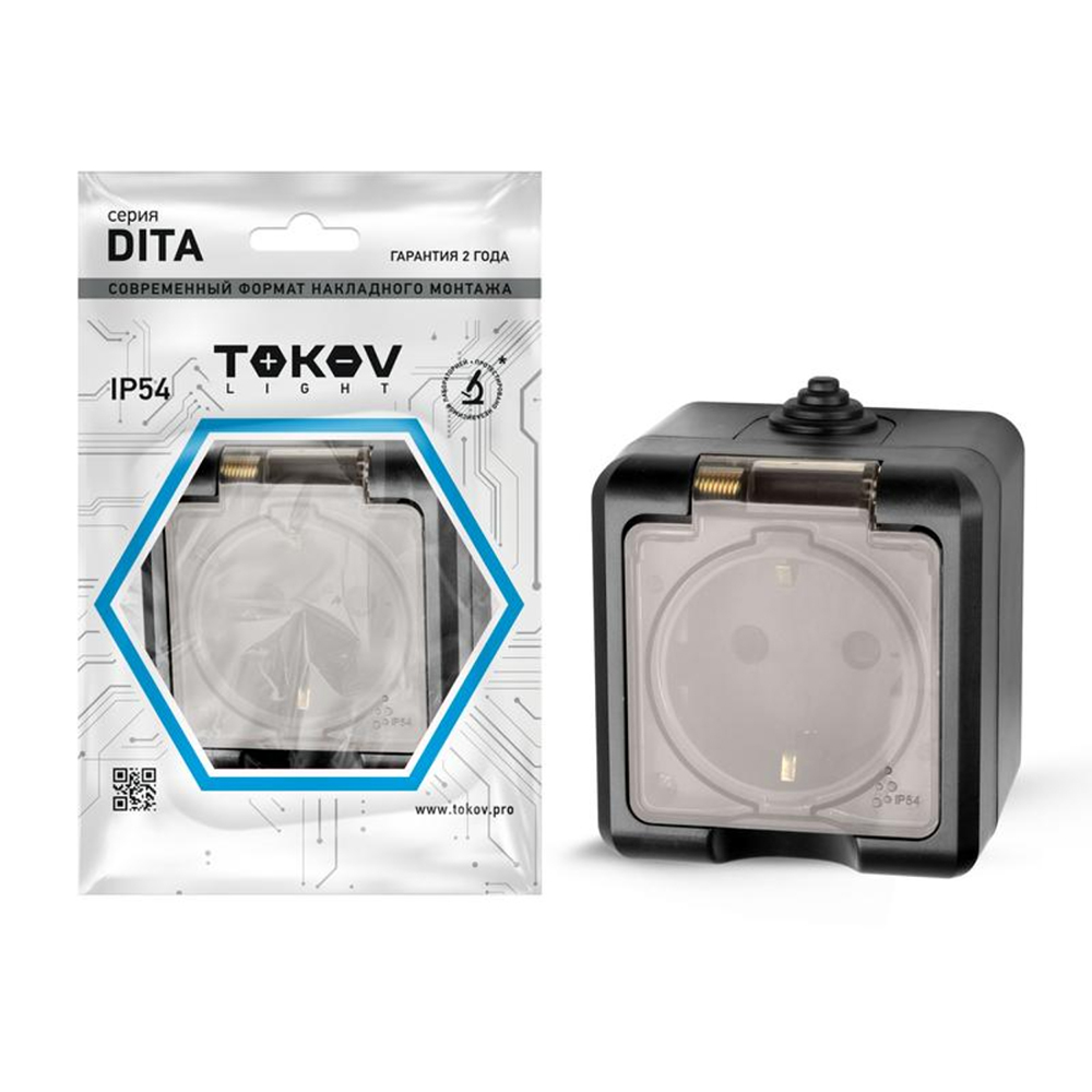 Розетка TOKOV ELECTRIC Dita 1-местная для открытой установки 16А, IP54 250В с заземлением, с прозрачной крышкой, цвет - карбон