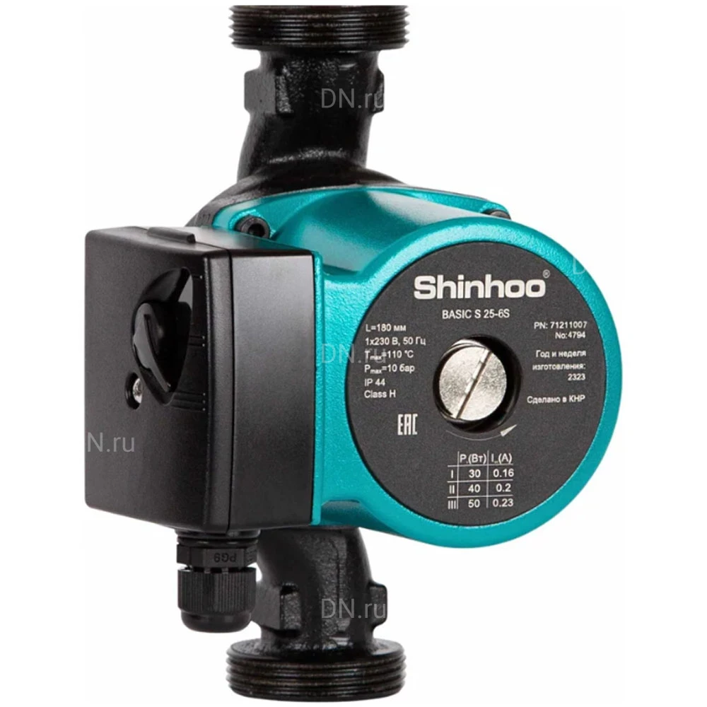 Насос циркуляционный Shinhoo BASIC S 25-6S 130 поверхностный, корпус - чугун, мощность - 0.07кВт, напор - 6м, производительность - 70л/мин, 220В
