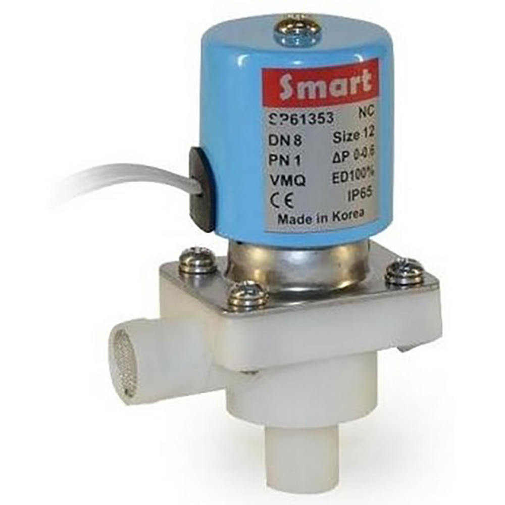 Клапан электромагнитный Smart SP-6135 Ду8 Ру1 муфтовый со штуцером - 12 мм, нормально-закрытый, пластиковый, уплотнение - Silicon, Kvs-1.98, DC 12V