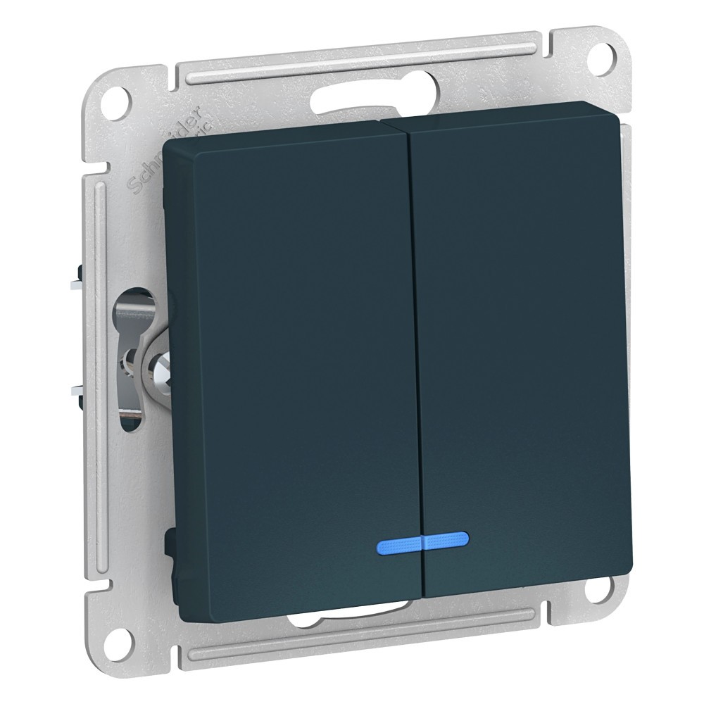 Выключатель двухклавишный Systeme Electric AtlasDesign скрытой установки с подсветкой, номинальный ток - 10 А, степень защиты IP20, механизм, цвет - изумруд