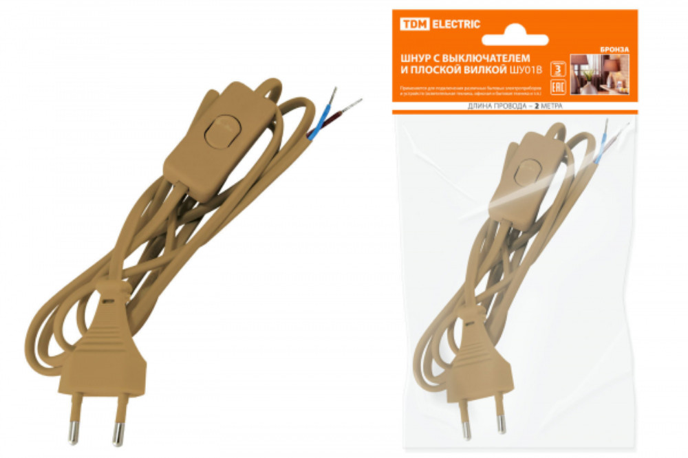 Шнур сетевой TDM ШВВП 2х0.75 мм2 с выключателем и плоской вилкой, длина - 2 м, ток - 6 А, IP20, цвет - бронза