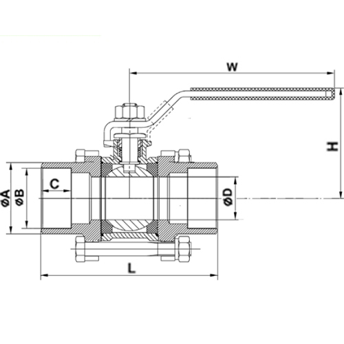 Кран шаровой Tecofi BS6375SW 4″ Ду100 Ру50 полнопроходной, трехсоставной, разборный, нержавеющая сталь, уплотнение - PTFE, под приварку, ручка-рычаг