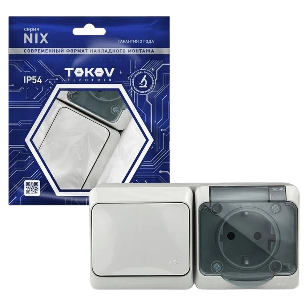 Блок TOKOV ELECTRIC Nix одноклавишный выключатель 10А + розетка 16А с заземлением открытой установки, номинальный ток - 16 А, 250 В, степень защиты IP54, цвет - серый