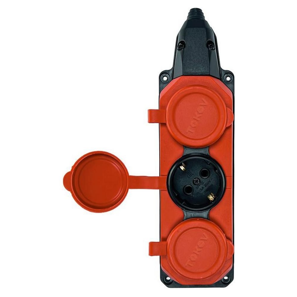 Колодка электрическая TOKOV ELECTRIC с 3 гнездами и крышкой, сила тока - 16 А, с заземлением, IP44, корпус - каучук, цвет - красный
