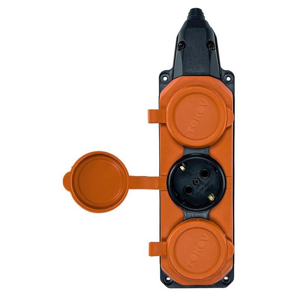 Колодка электрическая TOKOV ELECTRIC с 3 гнездами и крышкой, сила тока - 16 А, с заземлением, IP44, корпус - каучук, цвет - оранжевый