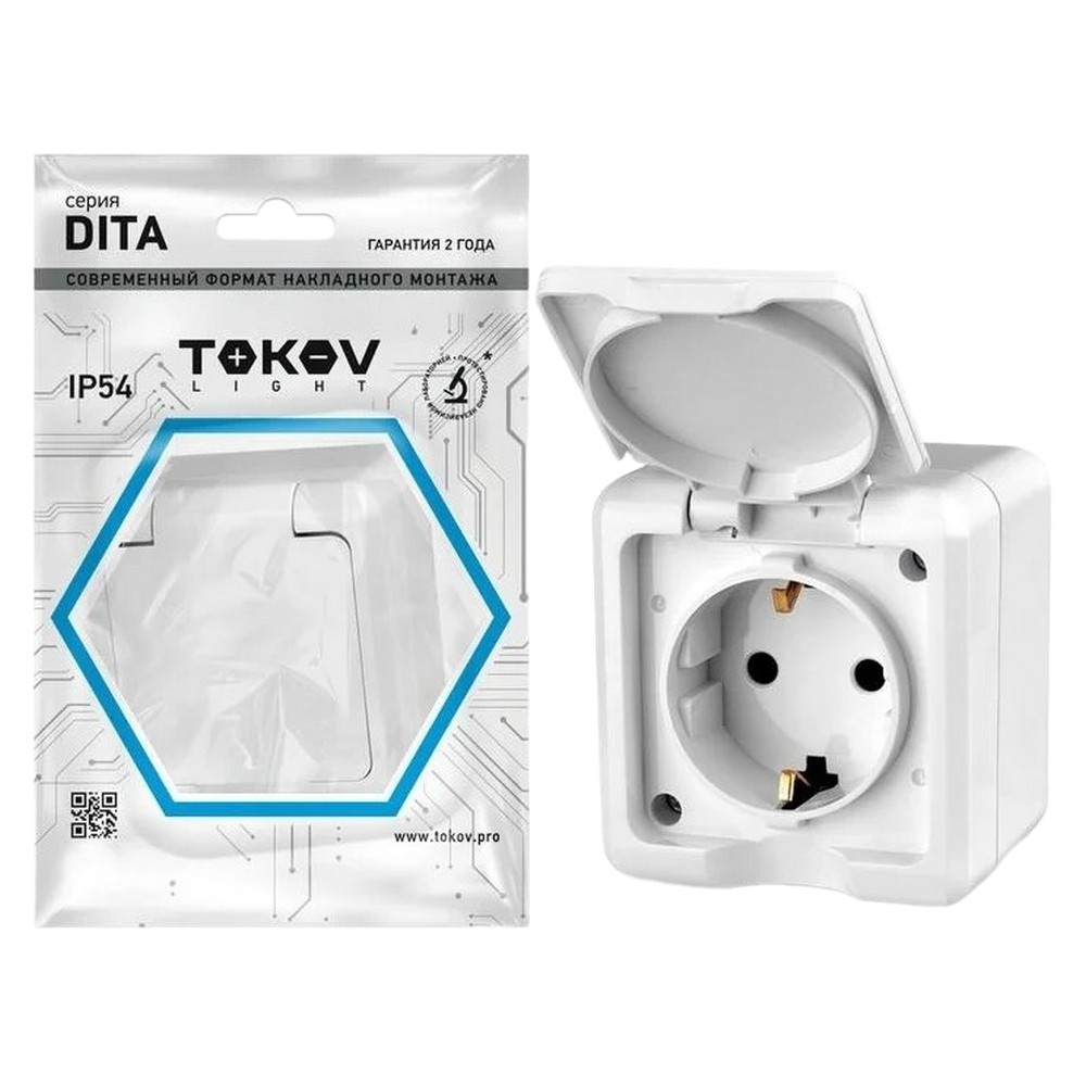 Розетка TOKOV ELECTRIC Dita 1-местная открытой установки с заземлением с крышкой, номинальный ток - 16 А, степень защиты IP54, цвет - белый