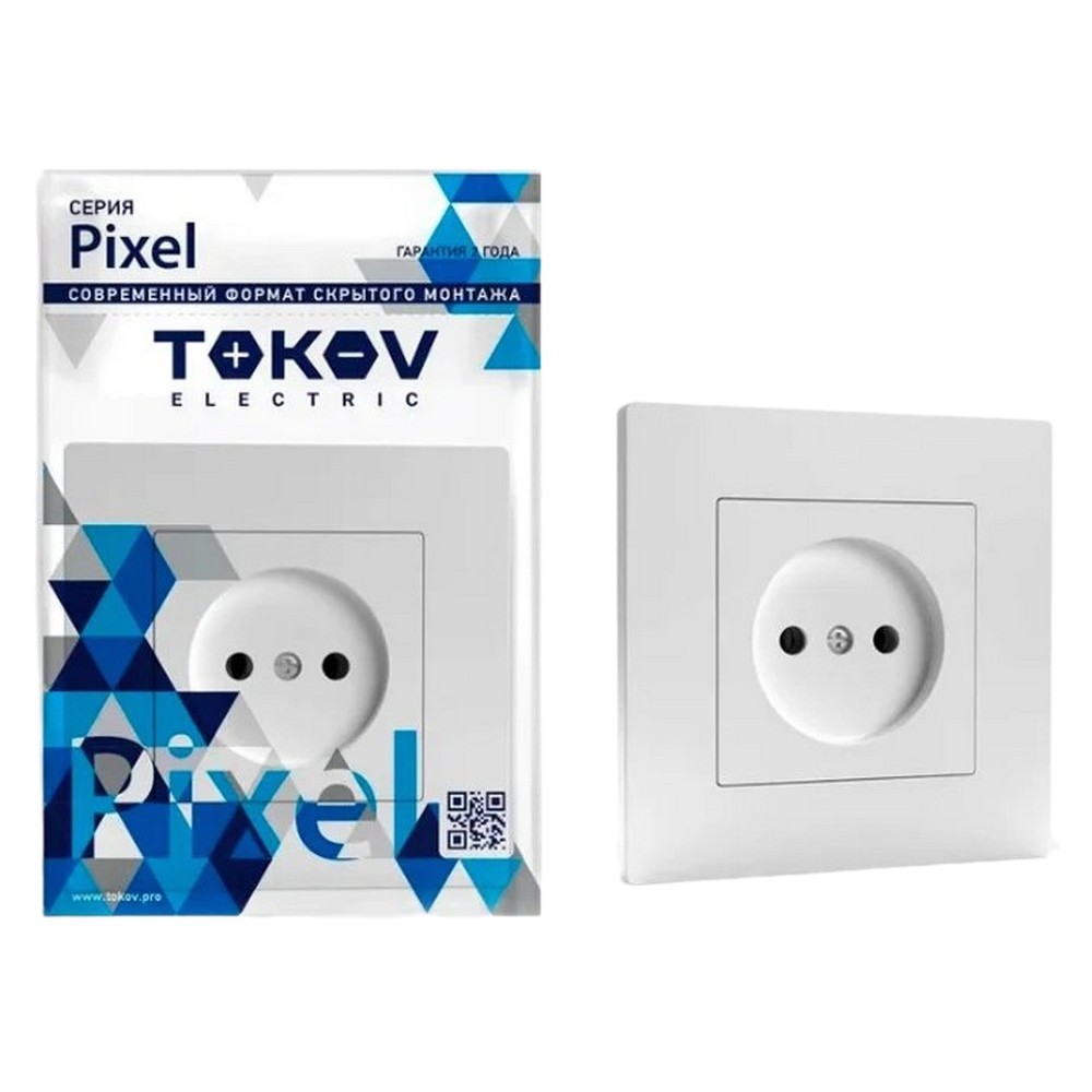 Розетка TOKOV ELECTRIC Pixel 1-местная скрытой установки без заземления, номинальный ток - 16 А, степень защиты IP20, в сборе, цвет - белый