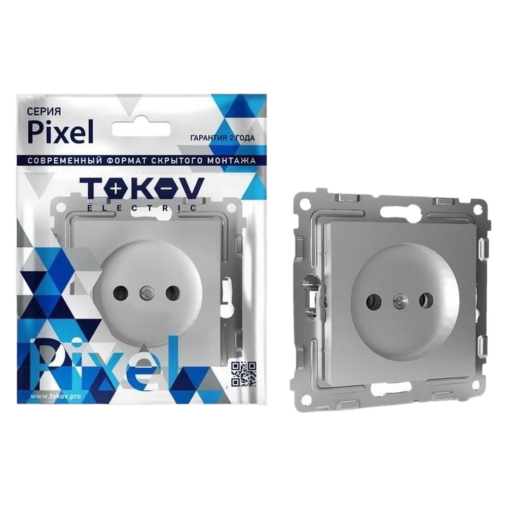 Розетка TOKOV ELECTRIC Pixel 1-местная скрытой установки без заземления со шторками, номинальный ток - 16 А, степень защиты IP20, механизм, цвет - алюминий