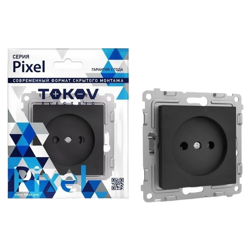 Розетка TOKOV ELECTRIC Pixel 1-местная скрытой установки без заземления, номинальный ток - 16 А, степень защиты IP20, механизм, цвет - карбон