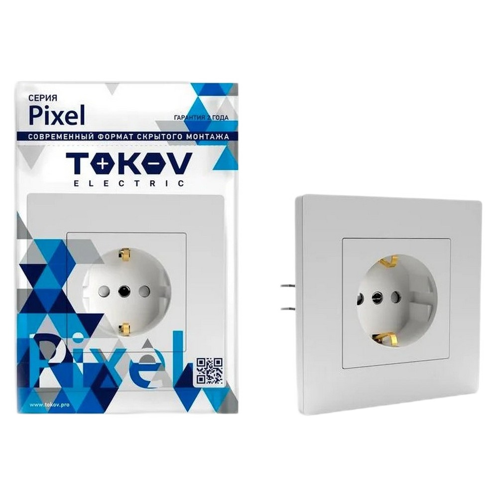 Розетка TOKOV ELECTRIC Pixel 1-местная скрытой установки с заземлением со шторками, номинальный ток - 16 А, степень защиты IP20, в сборе, цвет - белый