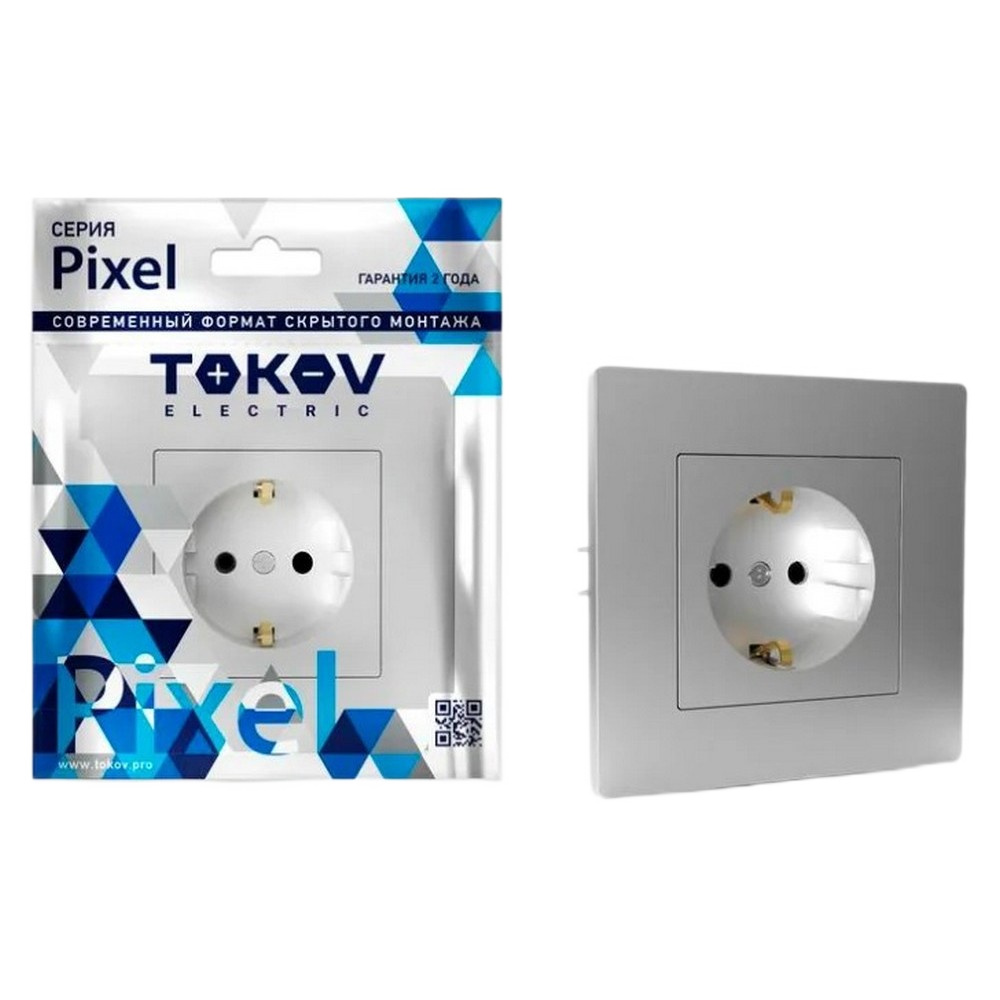 Розетка TOKOV ELECTRIC Pixel 1-местная скрытой установки с заземлением со шторками, номинальный ток - 16 А, степень защиты IP20, в сборе, цвет - алюминий
