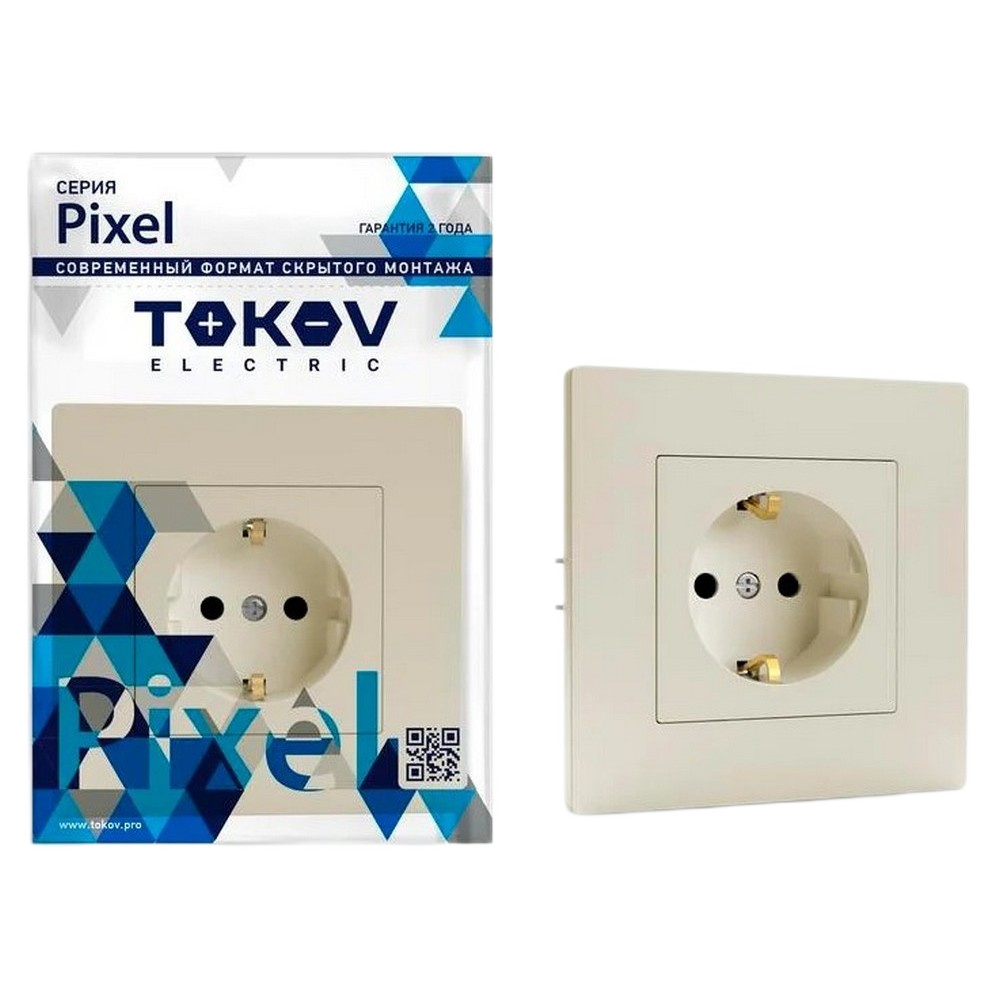 Розетка TOKOV ELECTRIC Pixel 1-местная скрытой установки с заземлением со шторками, номинальный ток - 16 А, степень защиты IP20, в сборе, цвет - бежевый