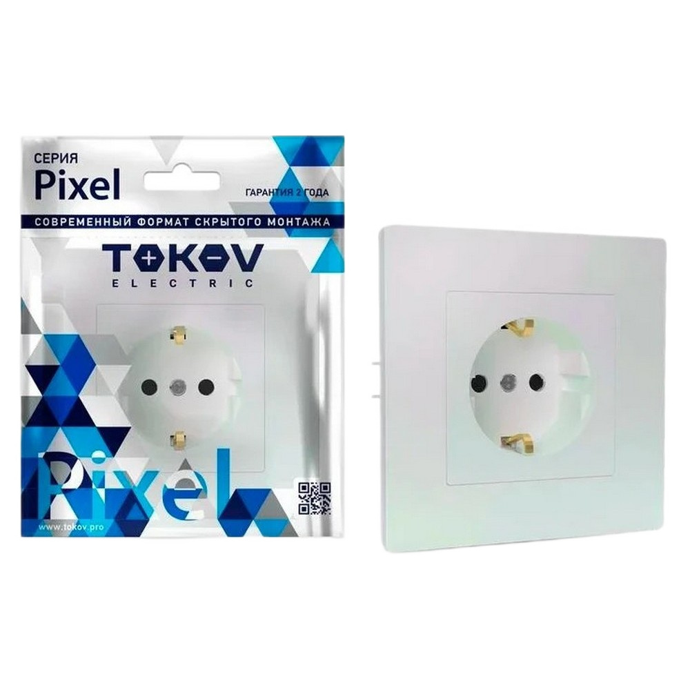 Розетка TOKOV ELECTRIC Pixel 1-местная скрытой установки с заземлением со шторками, номинальный ток - 16 А, степень защиты IP20, в сборе, цвет - перламутр
