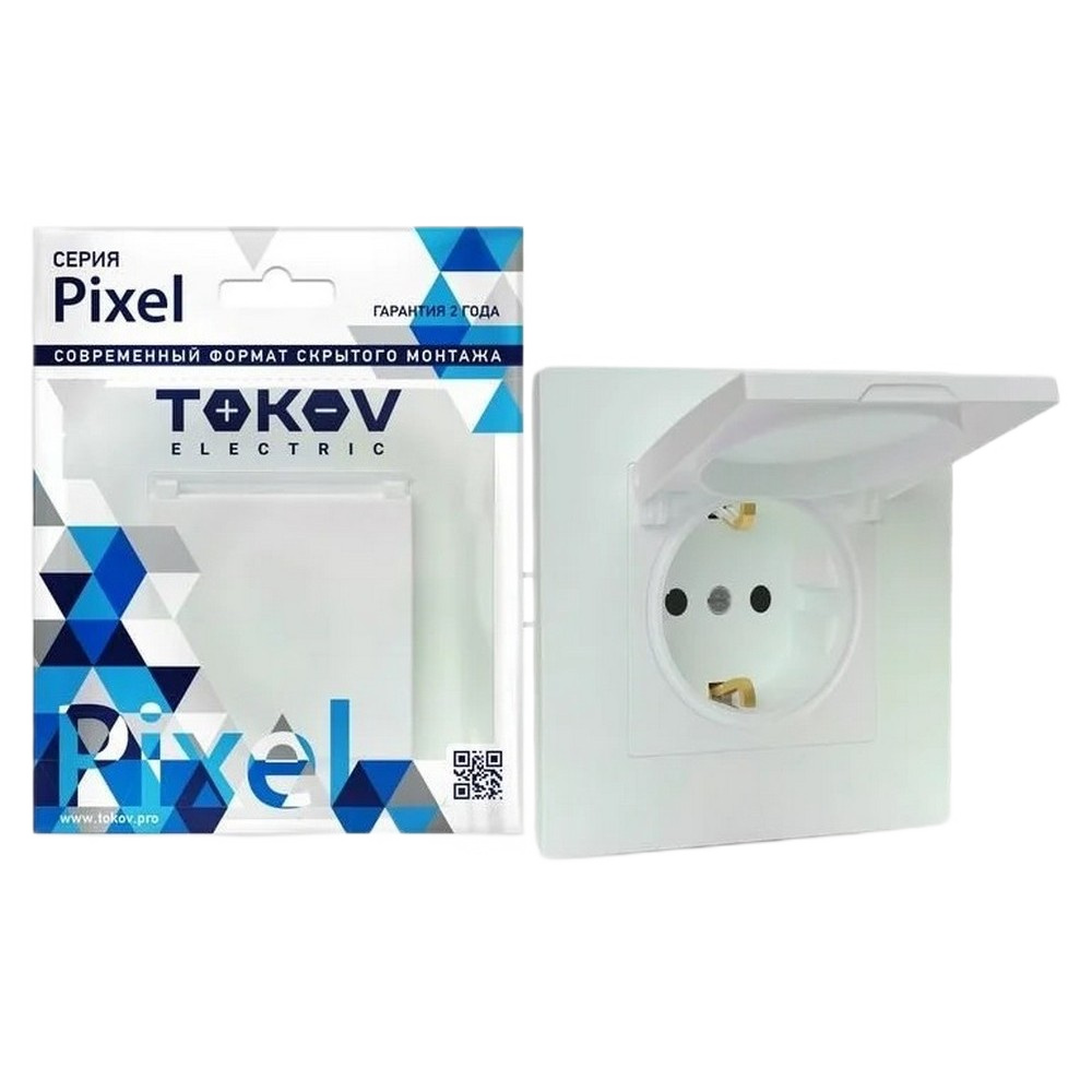 Розетка TOKOV ELECTRIC Pixel 1-местная скрытой установки с заземлением со шторками и крышкой, номинальный ток - 16 А, степень защиты IP20, механизм, цвет - перламутр