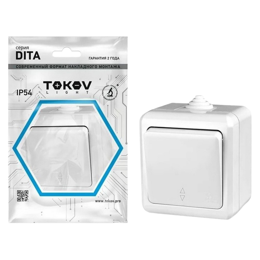 Переключатель одноклавишный TOKOV ELECTRIC Dita открытой установки, номинальный ток - 10 А, степень защиты IP54, цвет - белый