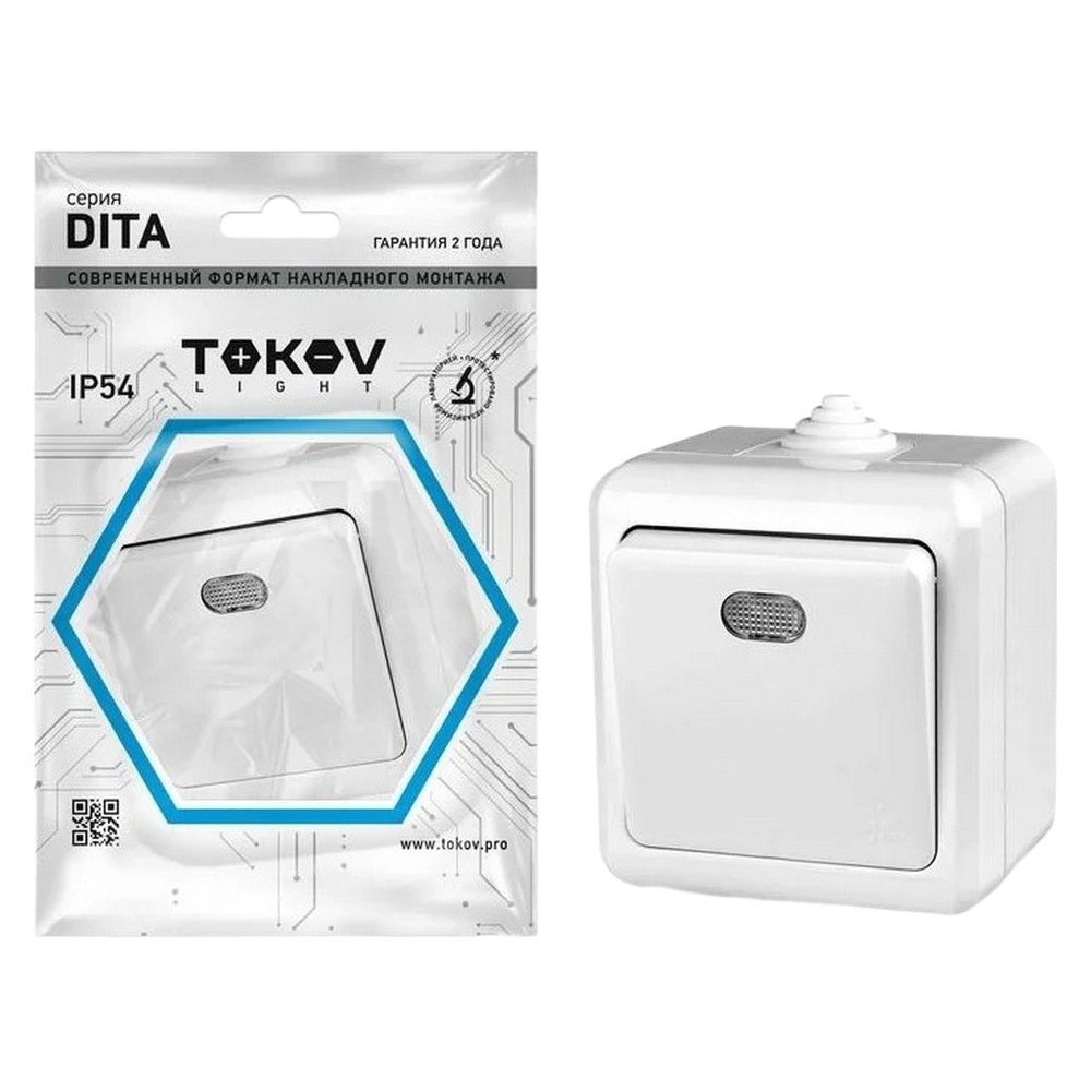Выключатель одноклавишный TOKOV ELECTRIC Dita открытой установки с индикацией, номинальный ток - 10 А, степень защиты IP54, цвет - белый