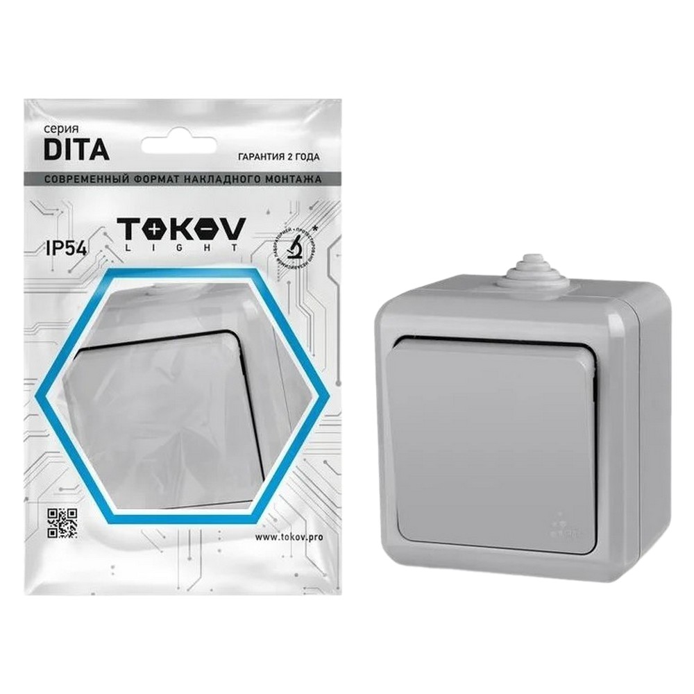 Выключатель одноклавишный TOKOV ELECTRIC Dita открытой установки, номинальный ток - 10 А, степень защиты IP54, цвет - серый