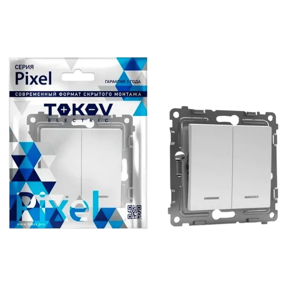 Выключатель двухклавишный TOKOV ELECTRIC Pixel скрытой установки с индикацией, номинальный ток - 10 А, степень защиты IP20, механизм, цвет - белый