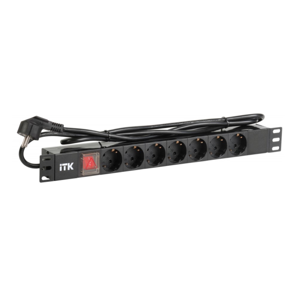 Блок розеток ITK PDU PH12-7D1-P 19″ розетки C2a - 7 шт, длина кабеля с вилкой C2b - 2 м, номинальный ток - 16А, напряжение питания - 230В, с выключателем с LED-подсветкой