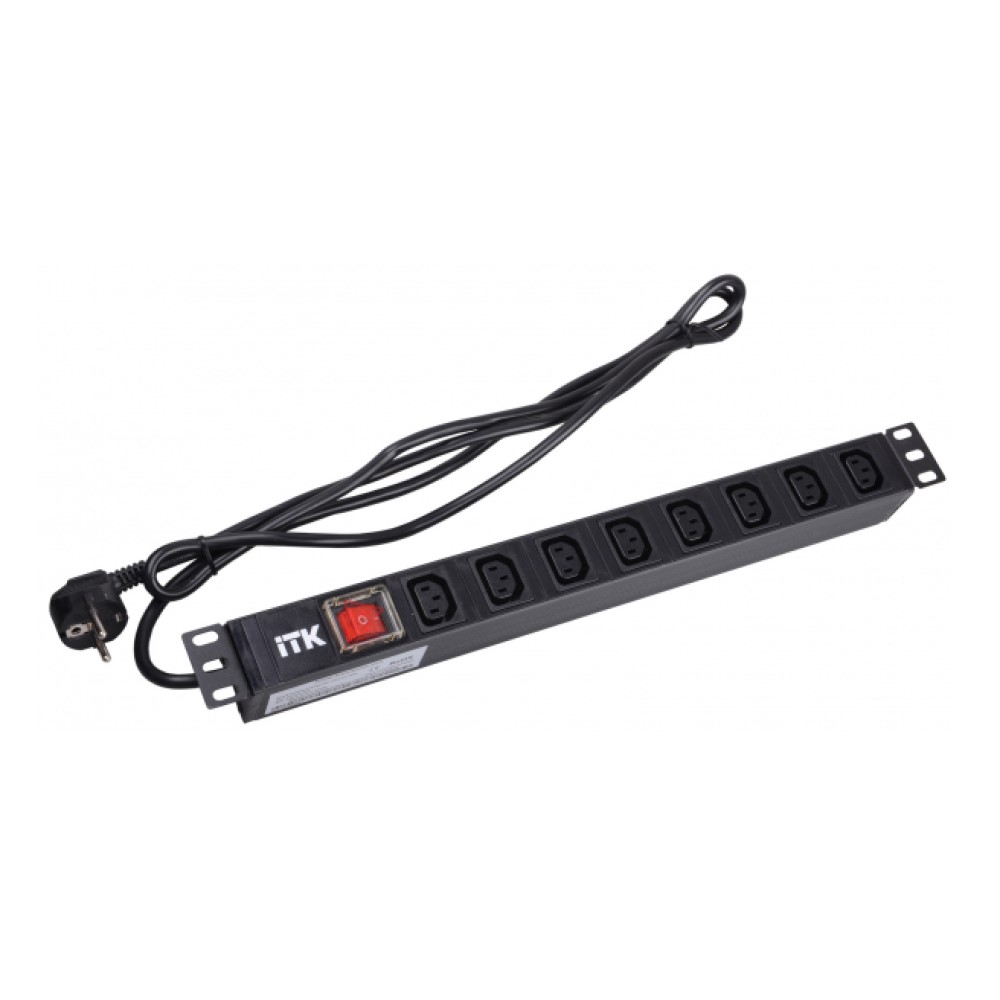 Блок розеток ITK PDU PH12-8C131 19″ розетки C13 - 8 шт, длина кабеля с вилкой C2b - 2 м, номинальный ток - 10А, напряжение питания - 230В, с выключателем с LED-подсветкой