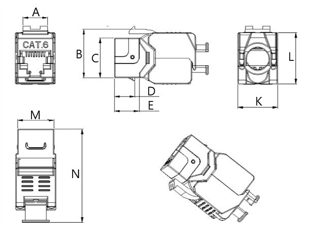 Модуль Keystone Jack Hyperline KJ8-8P8C-C6-180-TLS-SH-F-WH категория 6, угол 180°, экранированный, разъем RJ-45, Toolless, цвет - белый