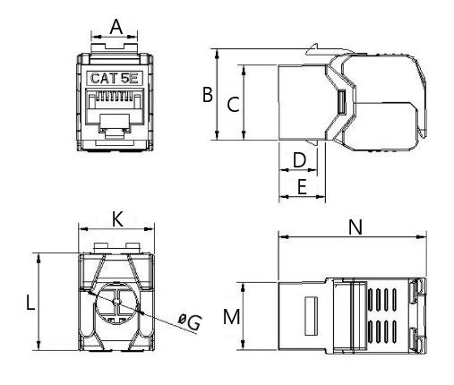 Модуль Keystone Jack Hyperline KJ8-8P8C-C5e-180-TLS-WH категория 5Е, угол 180°, неэкранированный, разъем RJ-45, Toolless, цвет - белый