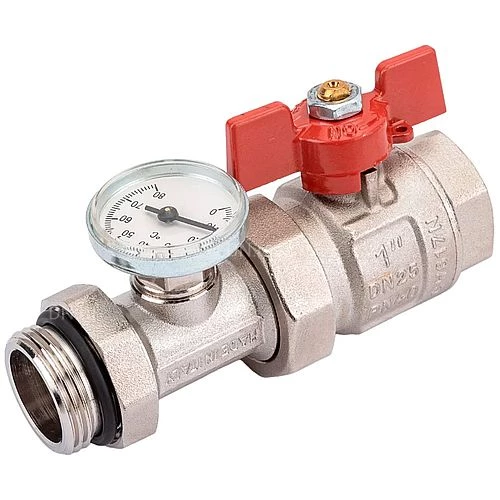 Краны Uni-Fitt 118T 1″ Ду25 Ру40 для коллекторных групп, с термометром, с разъемным соединением, наружная резьба, латунные