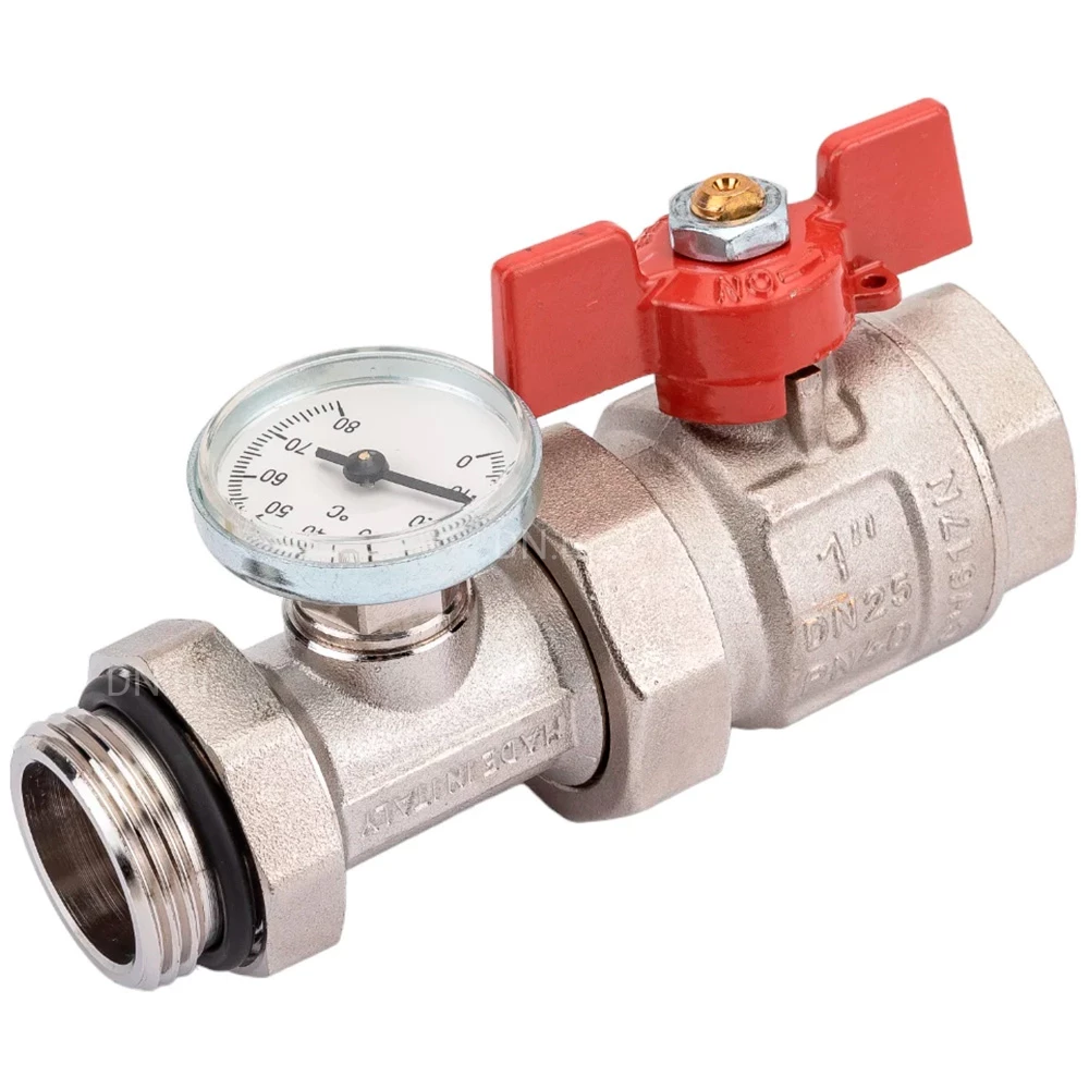 Кран Uni-Fitt 118T 1″ Ду25 Ру40 для коллекторных групп, с термометром, с разъемным соединением, наружная резьба, латунный